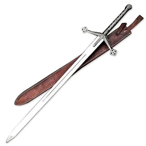 38 inch Handmade Scottish Claymore Sword with stainless steel blade and custom leather sheath.
