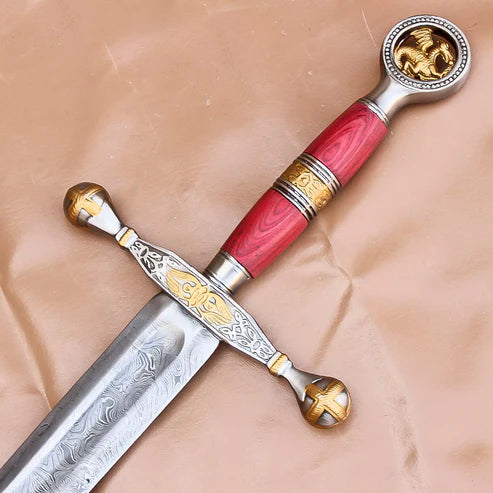 40" Custom Damascus Steel Rat Tail Football Sword Hand Forged with Genuine Leather Sheath