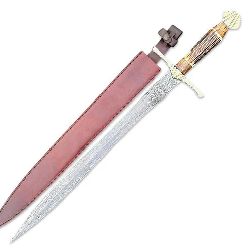 Handmade Damascus Steel Sword 32" Medieval Norse Blade with Stag Horn & Natural Wood Handle