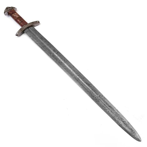 Handmade Damascus steel Viking sword with colored bone handle and leather scabbard