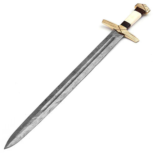 Handmade Damascus steel Viking sword with rosewood and camel bone handle and leather scabbard.