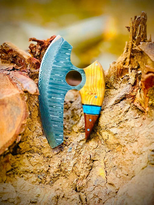 Hand Forged Damascus Steel Pizza Cutter Professional Kitchen Axe By Cosplay Swords