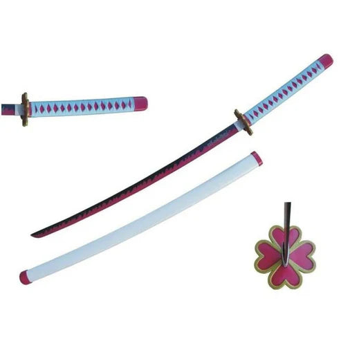 Mitsuri Kanroji Love Hashira Nichirin Sword 1045 carbon steel katana with pink handle and clover guard by Cosplay Swords.