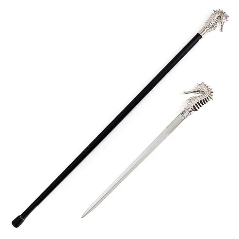 Silver Luxury Hippocampus Sea Horse Handle Cane Sword 12.25" Spear Point Blade