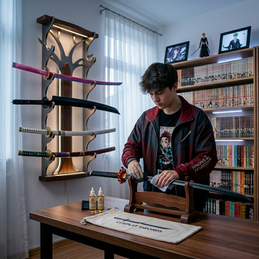 A collector cleans a detailed replica of Tanjiro's sword from Demon Slayer. In the background, a display of various anime sword replicas including One Piece katanas and Bleach swords.