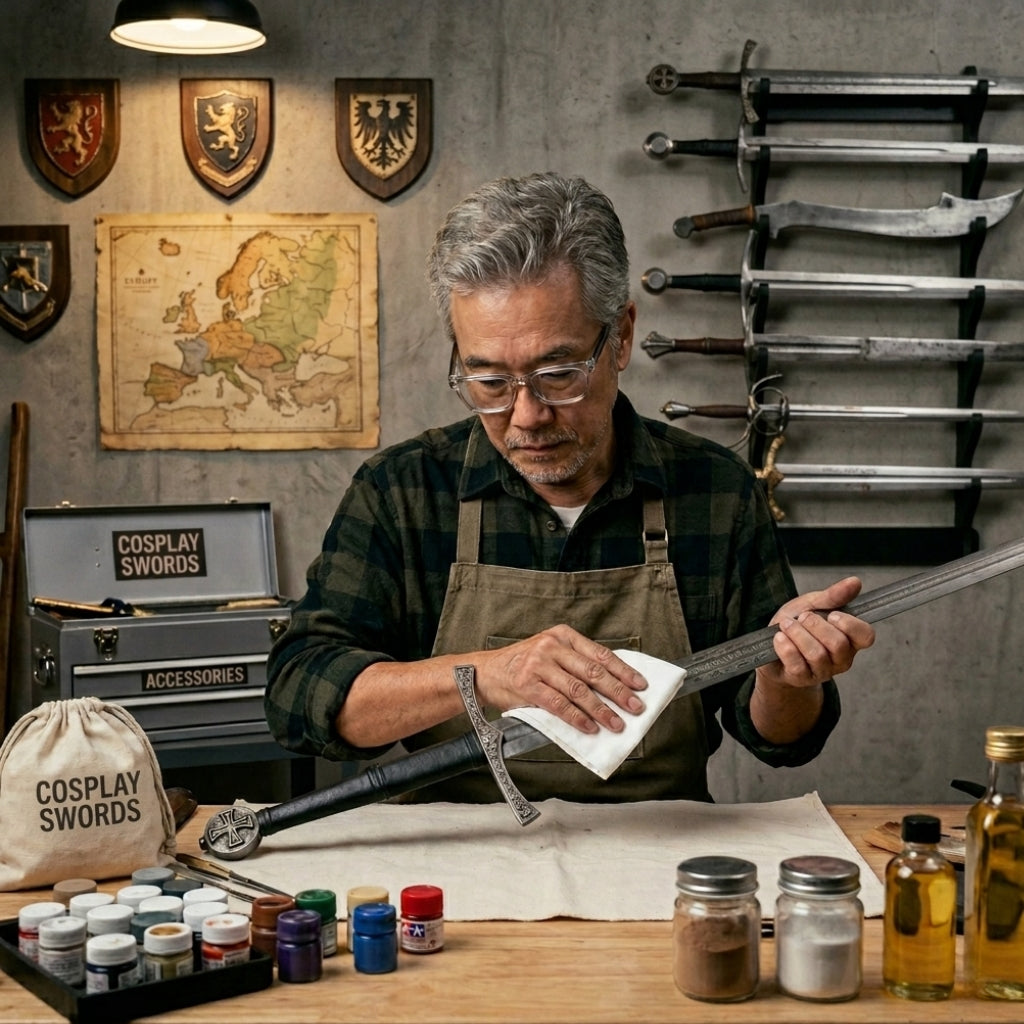 An expert craftsman in a workshop meticulously cleaning a long bladed medieval sword with a white cloth