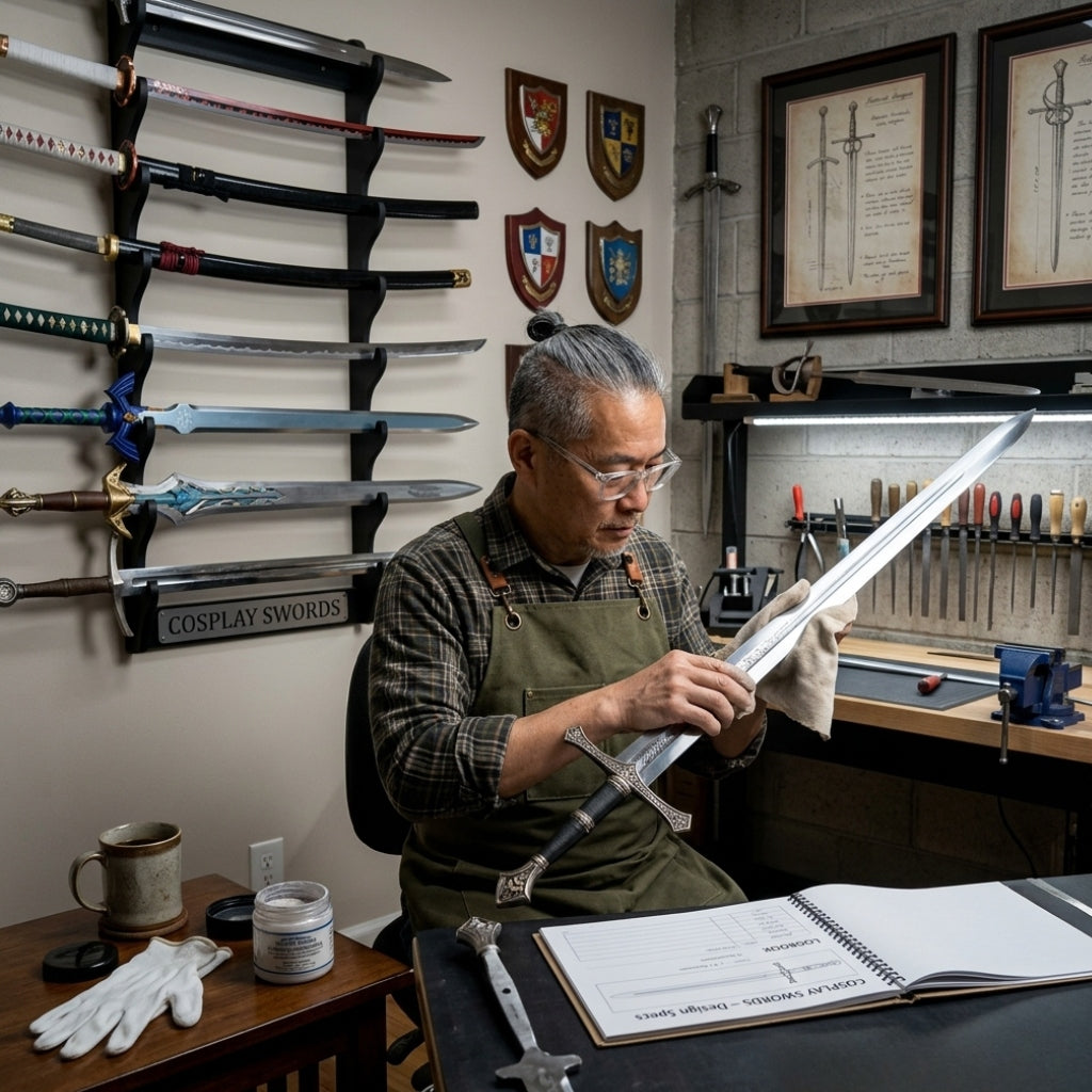 A craftsman polishing a replica medieval sword in a workshop, surrounded by a collection of various swords and shields.