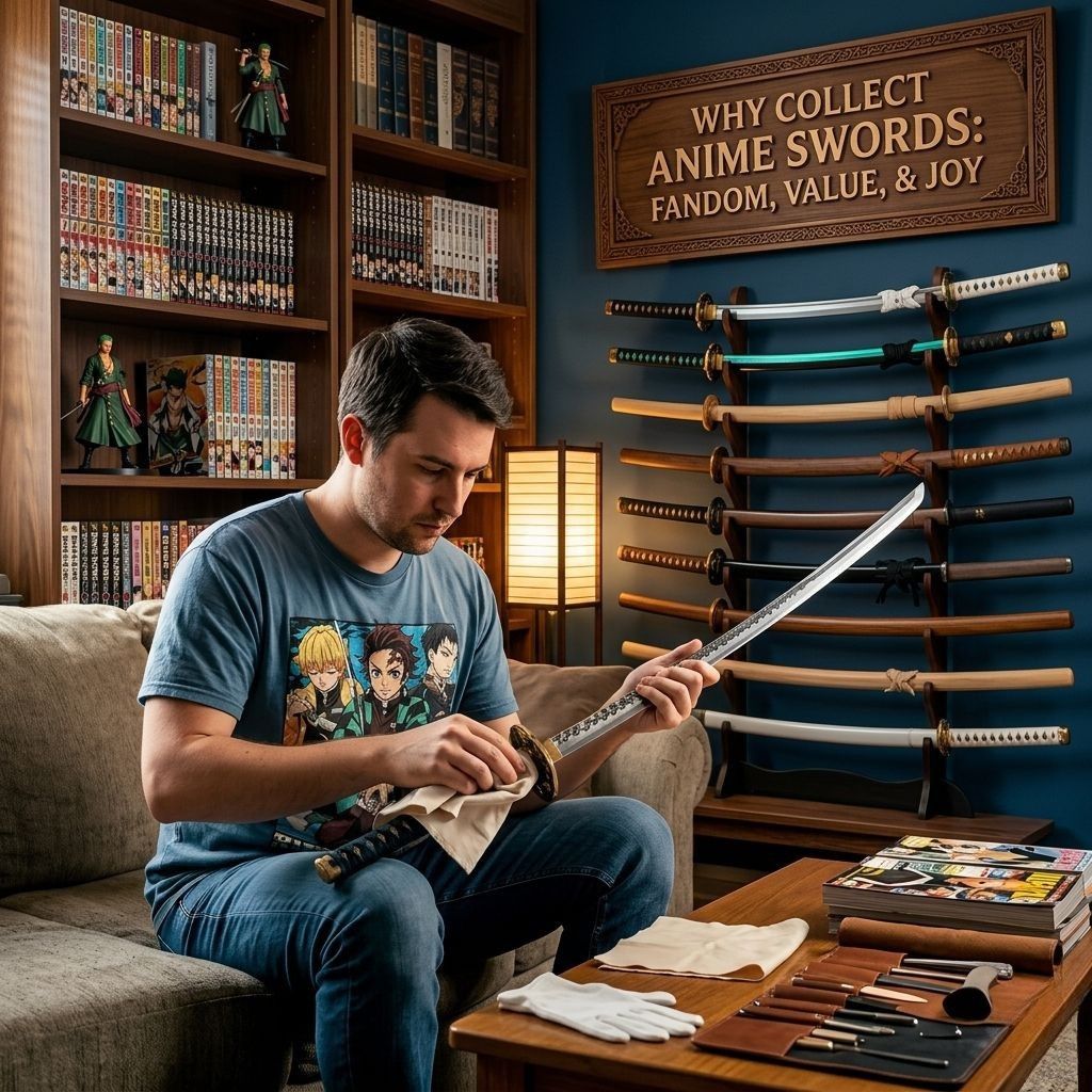 A collector with a massive array of anime sword replicas, including a highly sought-after Nichirin blade and Zoro One Piece katanas. He is maintaining his cosplay swords to prepare for his next major costume and cosplay convention.