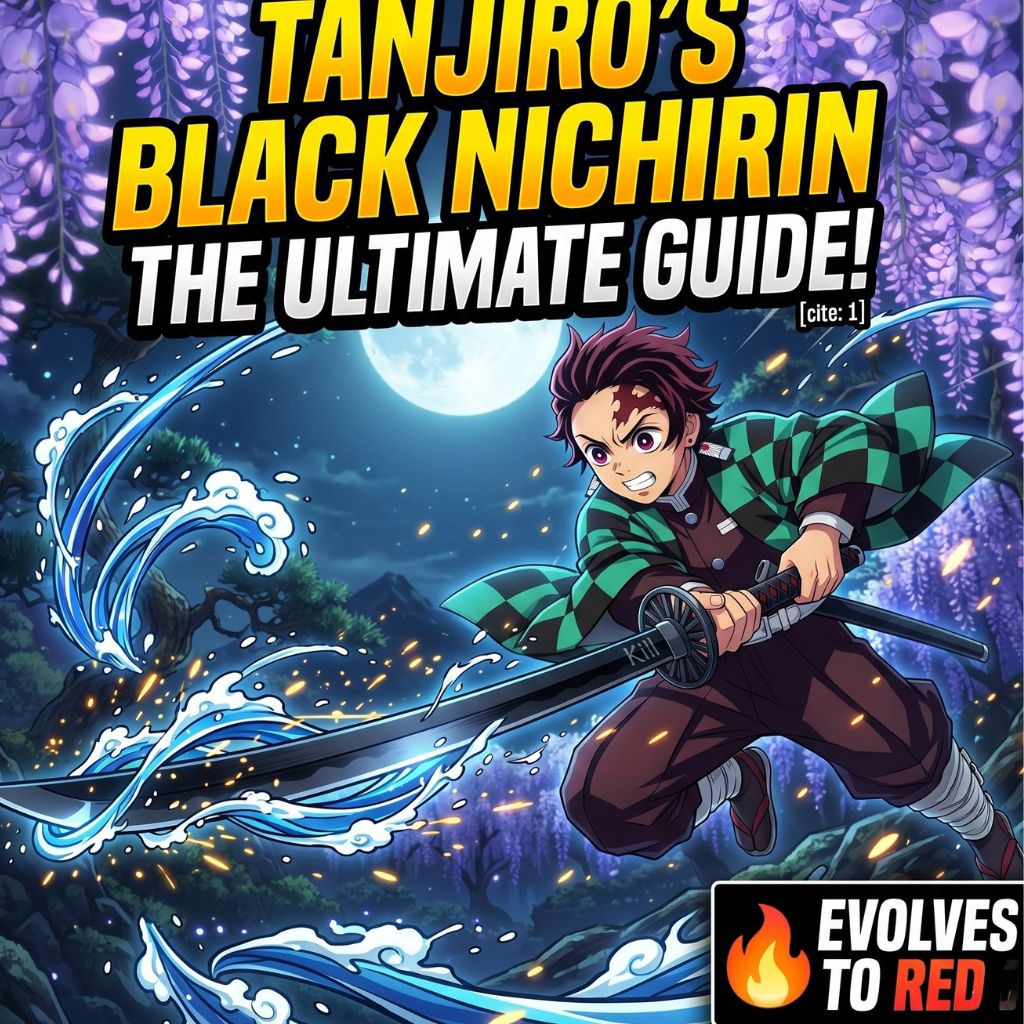 Anime style illustration of Demon Slayer's Tanjiro Kamado dynamically swinging his black Nichirin blade, surrounded by swirling water breathing effects.