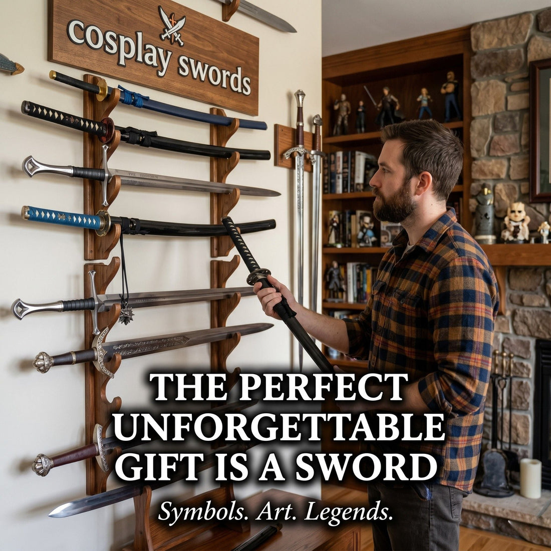 Man holding a katana next to a sword display rack in a home library, with the text 'THE PERFECT UNFORGETTABLE GIFT IS A SWORD' below him.