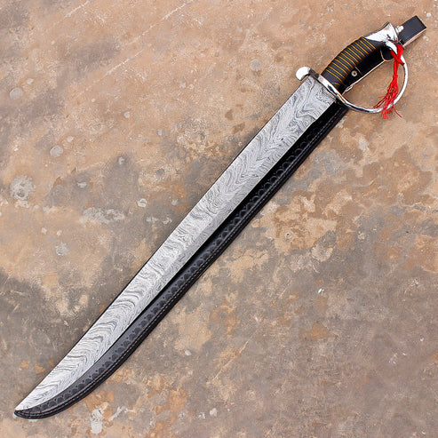Hand Forged Damascus Steel Rat Tail Cutlass 31" Authentic Pirate Sword with Leather Sheath