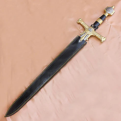 40" Handmade Medieval King Solomon Damascus Steel Sword with Leather Sheath