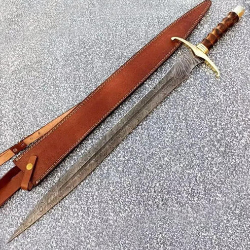 36" Custom Handmade Damascus Steel Sword  With Leather Sheath By Cosplay Swords