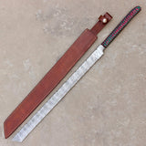 28" hand forged Damascus steel hunting machete with a curved edge and sheath by Cosplay Sword
