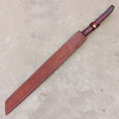 28" hand forged Damascus steel hunting machete with a curved edge and sheath by Cosplay Sword