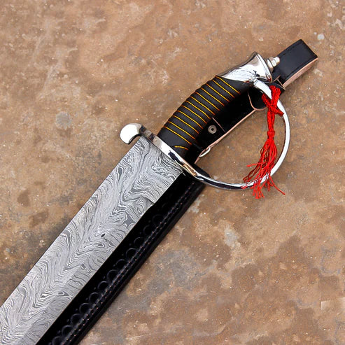 Hand Forged Damascus Steel Rat Tail Cutlass 31" Authentic Pirate Sword with Leather Sheath