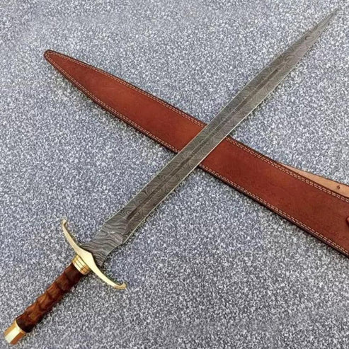 36" Custom Handmade Damascus Steel Sword  With Leather Sheath By Cosplay Swords