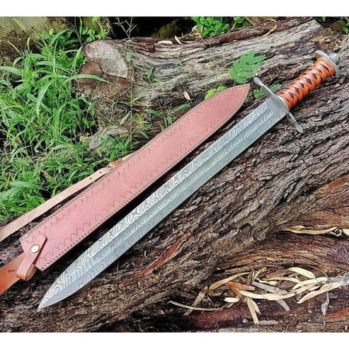 38" Custom Handmade Damascus Steel Sword With Leather Sheath By Cosplay Swords