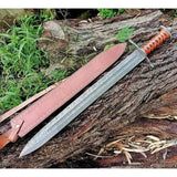 38" Custom Handmade Damascus Steel Sword With Leather Sheath By Cosplay Swords