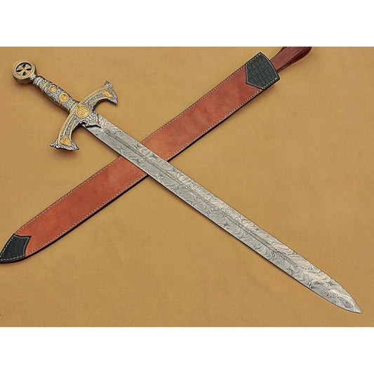 38" Handmade Medieval Templar Knight Longsword Damascus Steel By Cosplay Swords