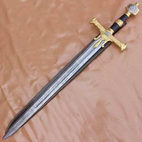 40" Handmade Medieval King Solomon Damascus Steel Sword with Leather Sheath