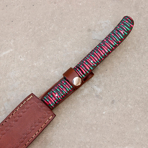 28" hand forged Damascus steel hunting machete with a curved edge and sheath by Cosplay Sword