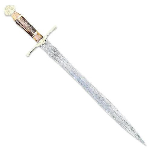 Handmade Damascus Steel Sword 32" Medieval Norse Blade with Stag Horn & Natural Wood Handle