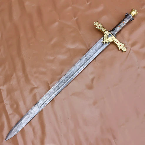 40 inch hand forged Damascus steel marvelous sword with fantasy style straight blade and genuine leather sheath.