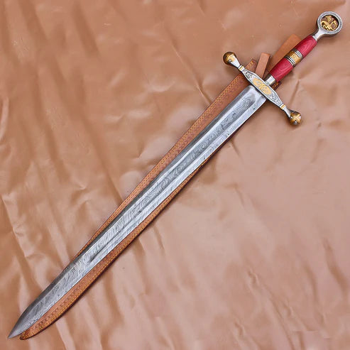 40 inch custom hand forged Damascus steel football themed sword with rat tail tang and genuine leather sheath.