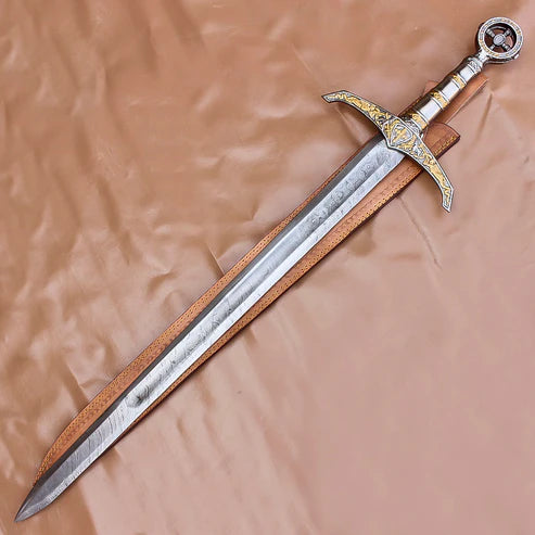 40 inch hand forged Damascus steel Locksley sword with double edged medieval blade and genuine leather sheath.