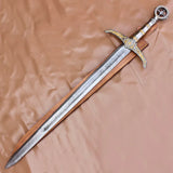 40 inch hand forged Damascus steel Locksley sword with double edged medieval blade and genuine leather sheath.