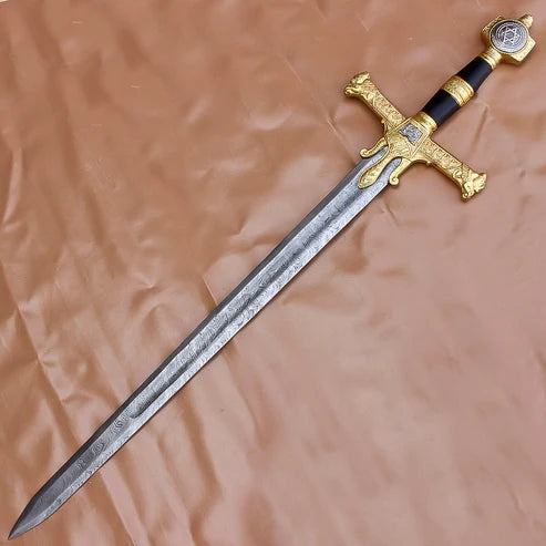 40 inch handmade medieval Damascus steel sword inspired by King David and Solomon with genuine leather sheath.