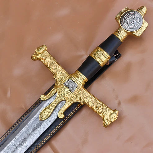 40" Handmade Medieval King Solomon Damascus Steel Sword with Leather Sheath