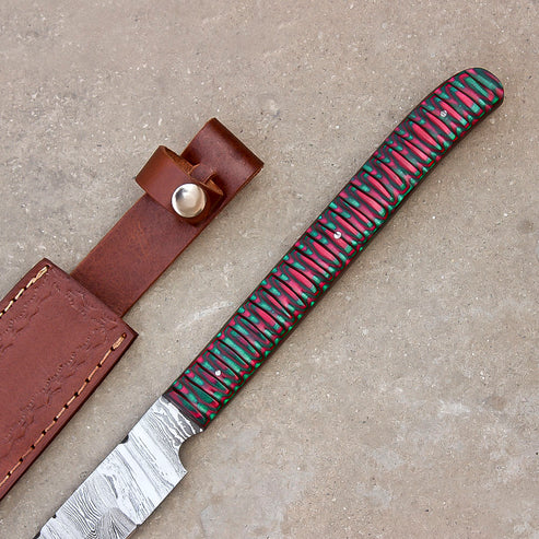28" hand forged Damascus steel hunting machete with a curved edge and sheath by Cosplay Sword