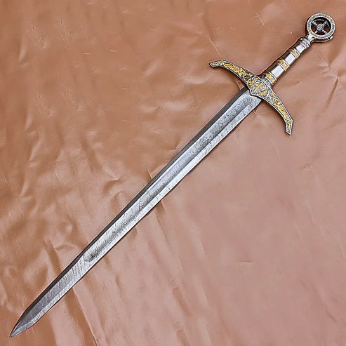 40" Hand Forged Damascus Steel Locksley Sword Rat Tail Medieval Inspired Blade with Leather Sheath