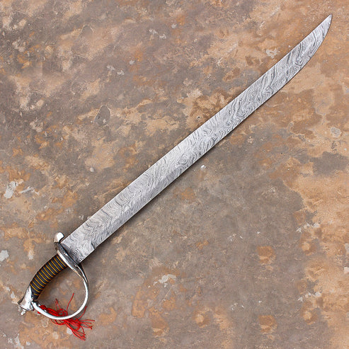 Hand Forged Damascus Steel Rat Tail Cutlass 31" Authentic Pirate Sword with Leather Sheath