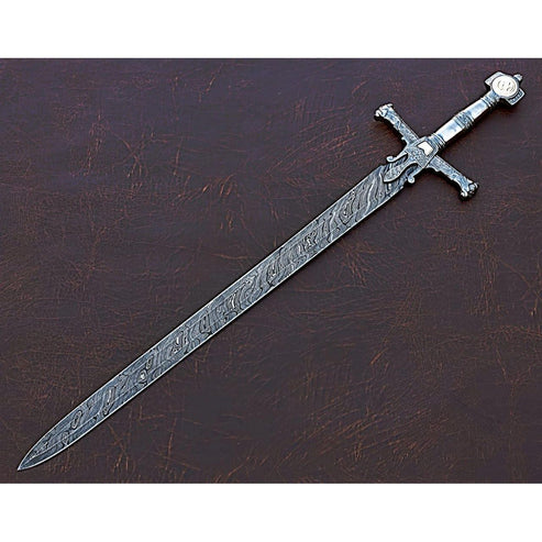 Handmade King Solomon Sword 38" Damascus Steel Medieval Ceremonial Sword with Leather Sheath