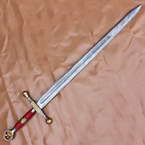 40" Custom Damascus Steel Rat Tail Football Sword Hand Forged with Genuine Leather Sheath