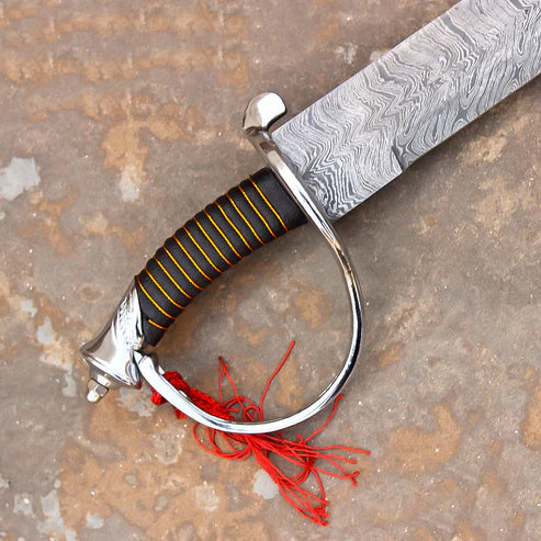 Hand Forged Damascus Steel Rat Tail Cutlass 31" Authentic Pirate Sword with Leather Sheath