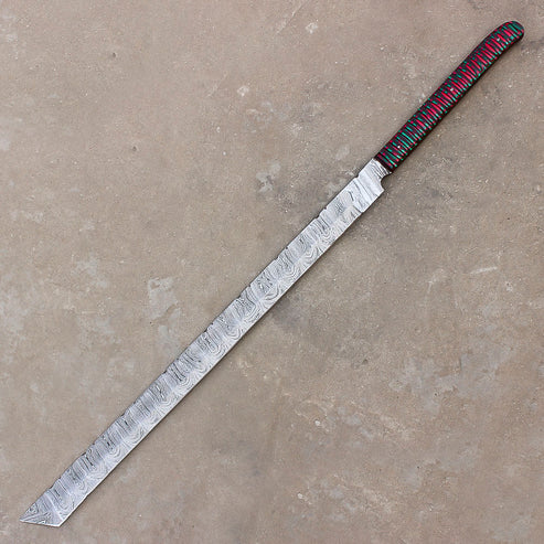 28" hand forged Damascus steel hunting machete with a curved edge and sheath by Cosplay Sword
