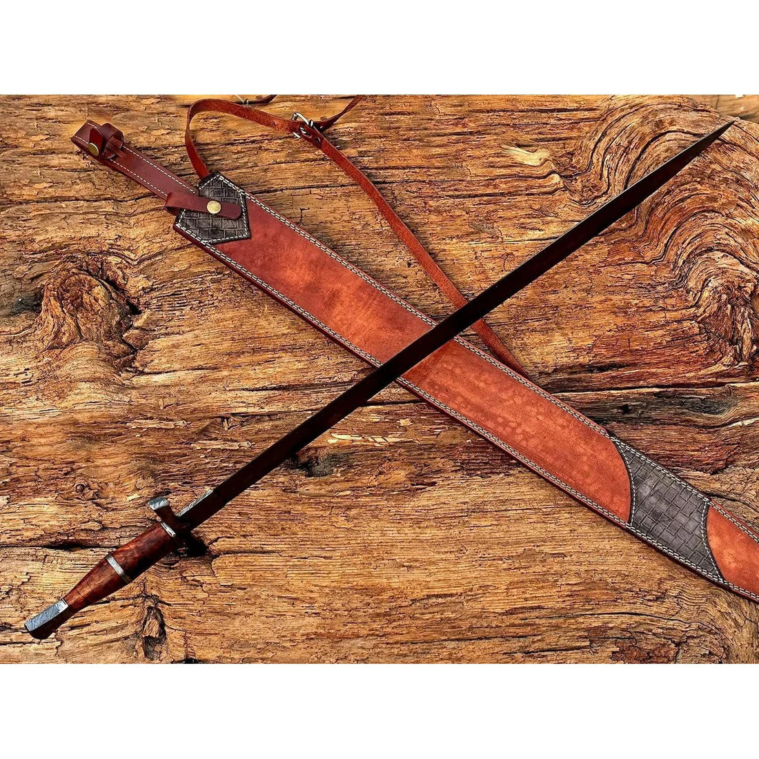 Handmade 38" Damascus Steel Medieval Sword with Leather Sheath & Double Edge Blade