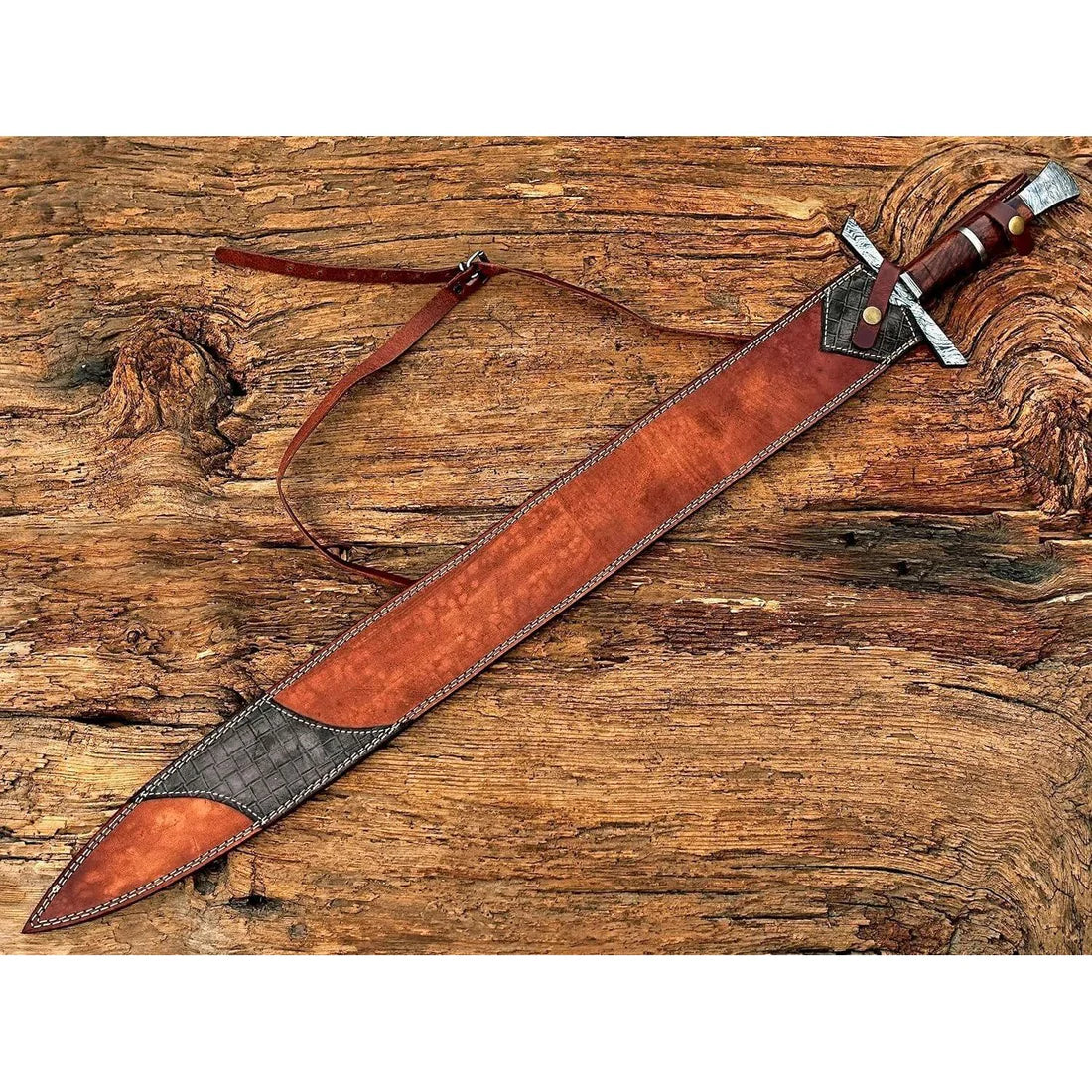 Handmade 38" Damascus Steel Medieval Sword with Leather Sheath & Double Edge Blade