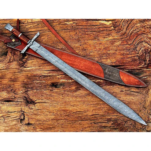Handmade 38" Damascus Steel Medieval Sword with Leather Sheath & Double Edge Blade