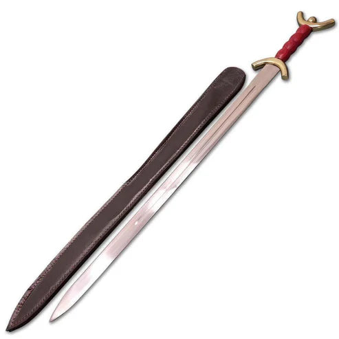 Boudica Celtic War Sword replica featuring a mirror polished stainless steel blade, red hardwood handle, and brass finished hilt.