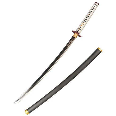 Giyuu Tomioka Nichirin Sword 1045 carbon steel katana replica with white handle wrap and hexagonal guard by Cosplay Swords.