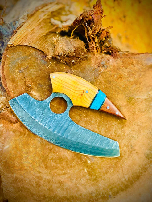 Hand Forged Damascus Steel Pizza Cutter Professional Kitchen Axe By Cosplay Swords