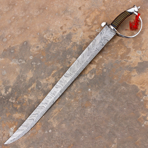 Hand forged Damascus steel rat tail cutlass pirate sword with leather sheath by Cosplay Swords.