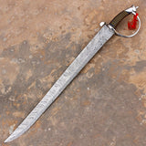 Hand forged Damascus steel rat tail cutlass pirate sword with leather sheath by Cosplay Swords.