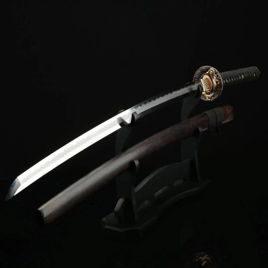 Hand forged Damascus steel tactical katana with 28 inch full tang blade and textured black scabbard by Cosplay Swords.