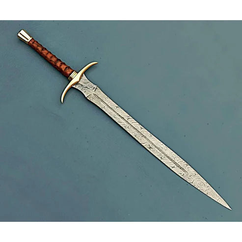 Handmade Damascus Steel Sword 32" Medieval Sword with Leather Sheath